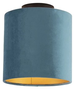 Stropné svietidlo s velúrovým odtieňom modré so zlatým 20 cm - kombi čierne