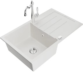 Mexen Bruno, granitový drez 795x495x200 mm, 1-komorový a drezová batéria Carla, biela, 6513-20-670700-00