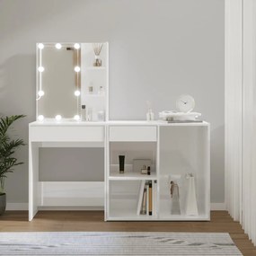 Toaletný stolík s LED a skrinkou lesklý biely spracované drevo 3082023