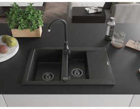 Mexen Gaspar, granitový drez 737x475x177 mm, 1,5-komorový, čierna-strieborná metalíza s čiernym sifónom, 6507731505-73-B