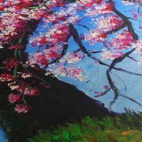 Obraz maľované rozkvitnuté čerešne (s hodinami) (90x30 cm)