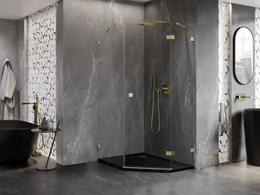 Mexen Lunar, päťuholníkový sprchový kút s pravým sklonom 80 x 90 cm, 8mm číre sklo, zlatý matný profil, 831-080P-090L-55-00-P