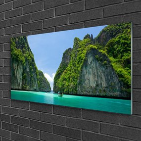 Skleneny obraz Hora voda záliv krajina 125x50 cm