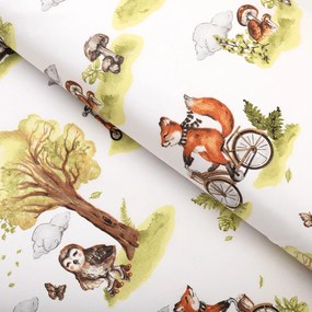 Biante Detská bavlnená obliečka na vankúš s lemom Sandra SA-697 Líšky na bicykloch - zelené na bielom 40 x 40 cm