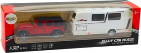 LEAN Toys Súprava: terénne auto, karavan, kovové, pohon, svetlá, zvuky, červená, 1:32