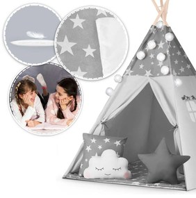 Detský stan teepee s girlandou a svetlami Nukido - sivý s hviezdičkami