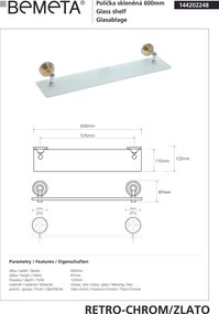 Bemeta Design RETRO gold-chrom: Polička, 600 mm, sklo - 144202248