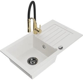 Mexen Pablo, 1-komorový granitový drez 752x436x161 mm a drezová batéria Aster, biela, 6510-20-73450-57-B