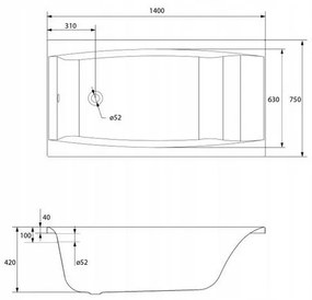 Cersanit Virgo akrylátová vaňa 140x75cm + nožičky, biela, S301-047