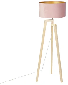 Stojaca lampa trojnožka drevo s ružovým zamatovým tienidlom 50 cm - Puros