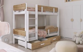 Detská poschodová posteľ z masívu borovice ETTORE so šuplíkmi - 200x90 cm - biela/dub shetland