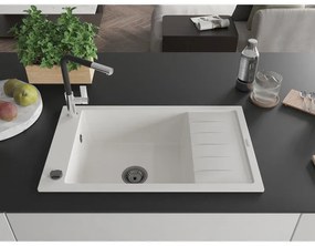 Mexen Elias, 1-komorový granitový drez 795x480x200 mm a drezová batéria Flora, biela, 6511-20-670401-07-B