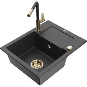 Mexen Enzo, 1-komorový granitový drez 576x465x174 mm a drezová batéria Flora, čierna škvrnitá, 6506-76-670401-75-G