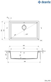 Deante Corda, granitový drez pod dosku 800x500x204 mm, 3,5" + priestorovo úsporný sifón, 1-komorový, antracitová metalíza, ZQA_T10D