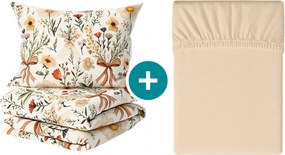 Sada krepových obliečok FLORAL RIBBON POLY farebné + plachta Jersey 180 x 200 cm svetlobéžové, dvojlôžko