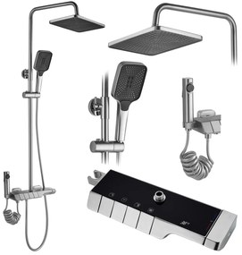 Sprchový set s termostatom Rea Rob nikel - vaňová batéria, dažďová, ručná a bidetová sprcha