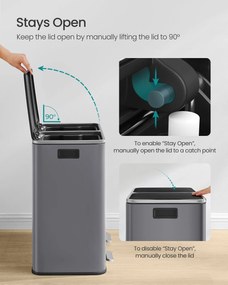 2-priehradkový pedálový recyklačný kôš s mäkkým zatváraním, šedý kov
