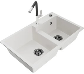 Mexen Tomas, 2-komorový granitový drez 800x500x190 mm a drezová batéria Flora, biela, 6516-20-670401-07-B