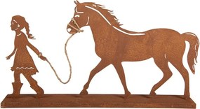 Hrdzavá kovová dekorácia dievča s koňom Brocante rust - 42*7*22 cm