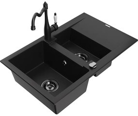 Mexen Gaspar, granitový drez 752x436x161 mm, 1,5-komorový a drezová batéria Carla, čierna, 6507-77-670700-70-B