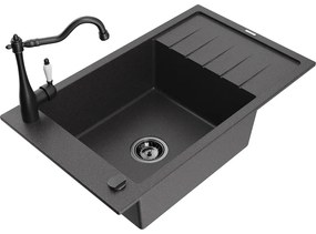 Mexen Elias, granitový drez 795x480x200 mm, 1-komorový a drezová batéria Carla, čierna škvrnitá, 6511-76-670700-70-B
