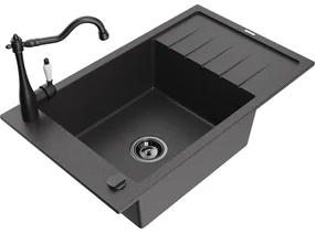 Mexen Elias, granitový drez 795x480x200 mm, 1-komorový a drezová batéria Carla, čierna škvrnitá, 6511-76-670700-70-B