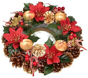 Adventný šiškový veniec POINSETTIA s mašľou 30 cm