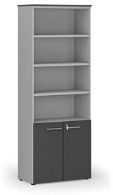 Kombinovaná kancelárska skriňa PRIMO GRAY, dvere na 2 poschodia, 2128 x 800 x 420 mm, sivá/grafit