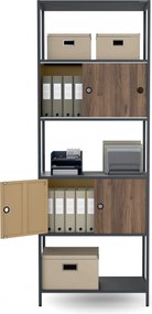 Regál na šanóny s uzamykateľnou skrinkou, kancelársky, otvorené police, kovový antracitový/orech, 800x2200x400 mm: ARIEL Eco Design