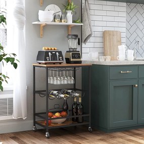 Servírovací vozík s držiakmi na poháre a fľaše, rustikálny hnedý