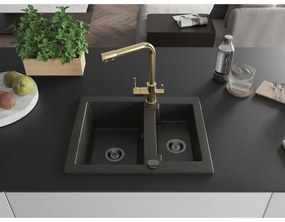 Mexen Carlos, 1,5-komorový granitový drez 582x475x177 mm a drezová batéria Duero, čierna-zlatá metalíza, 6518-75-671600-50-B