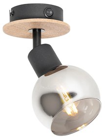 Bodové svetlo v štýle Art Deco čierne s dymovým sklom a drevom - Vidro