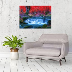Sklenený obraz vodopádu v červenom lese (70x50 cm)