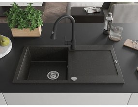 Mexen Leo, 1-komorový granitový drez 900x500x190 mm a drezová batéria Elia, čierna-zlatá metalíza, 6501-75-670101-70