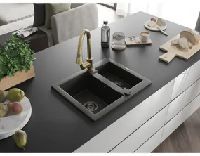 Mexen Carlos, 1,5-komorový granitový drez 582x475x177 mm a drezová batéria Elia, čierna-zlatá metalíza, 6518-75-670101-50-B