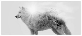 Obraz - Arktický vlk zrkadliaci divokú krajinu, čiernobiely (120x50 cm)