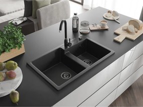 Mexen Tomas, granitový drez 800x500x190 mm, 2-komorový, čierna-strieborná metalíza s čiernym sifónom, 6516802000-73-B