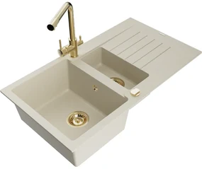 Mexen Matias, granitový drez 900x505x200 mm, 1,5-komorový a zlatá batéria Duero, béžová, 6502-69-671600-50