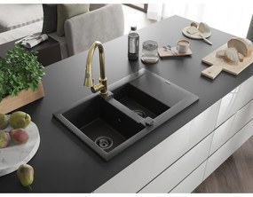 Mexen Gaspar, granitový drez 737x475x177 mm, 1,5-komorový a drezová batéria Elia, čierna, 6507-77-670101-50-B