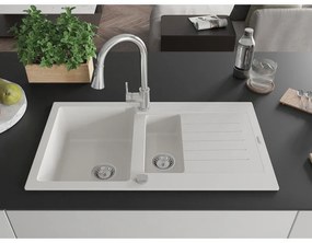 Mexen Matias, 1,5-komorový granitový drez 900x505x200 mm a drezová batéria Elia, biela, 6502-20-670101-00