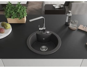 Mexen Diego, 1-komorový granitový drez 488x488x167 mm, chrómový sifón, chrómová matná batéria Rita, čierny škvrnitý, 6512-76-670300-00
