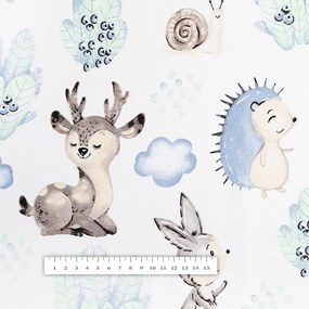 Biante Detský bavlnený behúň na stôl Sandra SA-478 Lesné zvieratká v čučoriedkach na bielom 35x180 cm