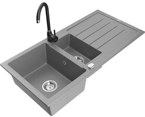 Mexen Andres, granitový drez 1000x500x200 mm, 1,5-komorový, šedá s chrómovým sifónom a čierna drezová batéria Telma, 6515-71-670200-70