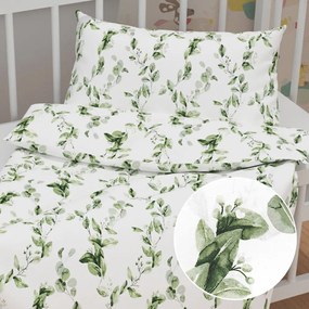 Biante Detské bavlnené posteľné obliečky do postieľky Sandra SA-422 Zelené listy na bielom Do postieľky 90x130 a 40x60 cm