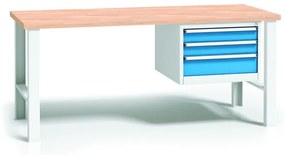 Pracovný stôl do dielne WL so závesným boxom na náradie, buková škárovka, 3 zásuvky, pevné kovové nohy, 1700 mm