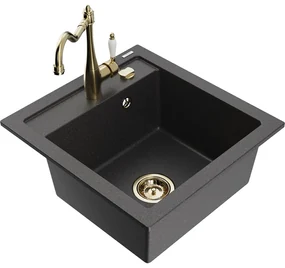 Mexen Vito, granitový drez 490x520x210 mm, 1-komorový a drezová batéria Carla, čierna škvrnitá, 6503-76-670700-50