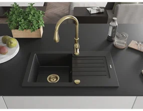 Mexen Pablo, granitový drez 752x436x161 mm, 1-komorový a drezová batéria Savita, čierna, 6510-77-672601-50