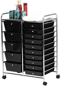 Mobilný úložný vozík s 15 zásuvkami, rôzne farby, čierny