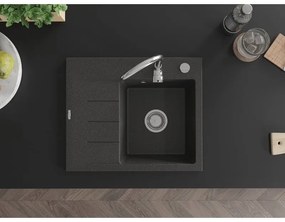 Mexen Ben, 1-komorový granitový drez 600x500x190 mm, pravý + chrómový sifón, čierna škvrnitá, 6523605000-76