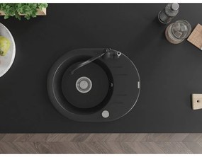 Mexen Kevin, granitový drez 586x458x190 mm, 1-komorový a drezová batéria Carla, čierna, 6517-77-670700-70